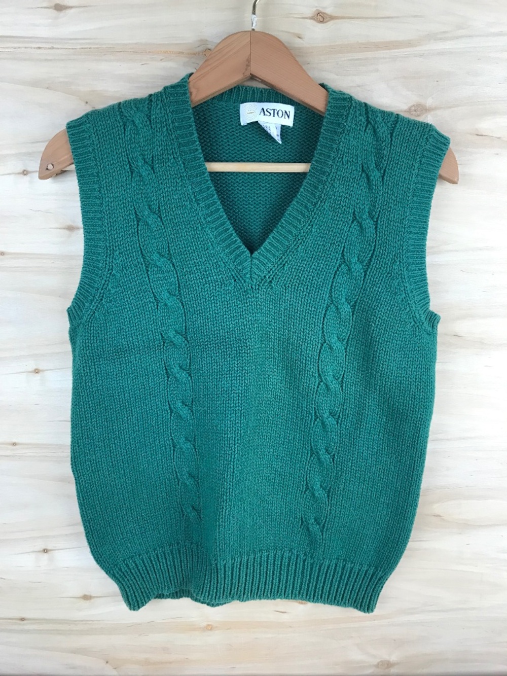 Vtg Unisex Sweater‎ Vest Mens Large Green V-Neck Cable Knit Ashton Cotton 80s